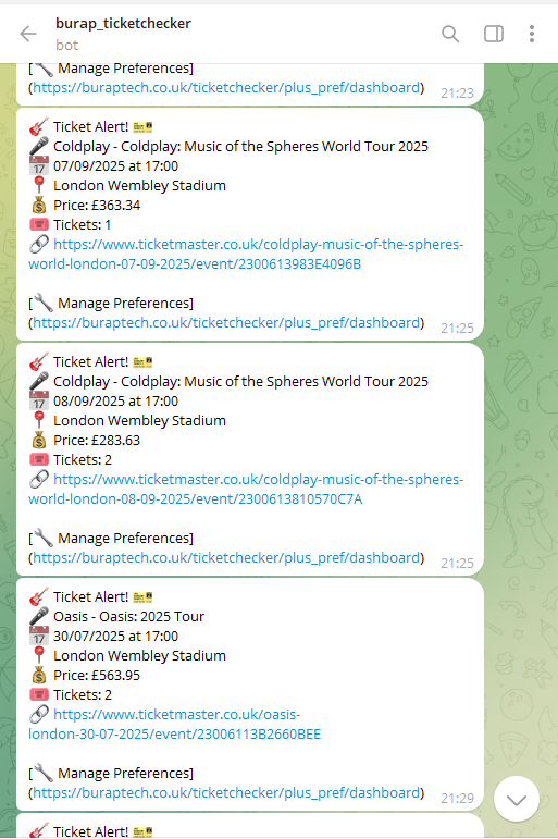Example Telegram notifications showing ticket alerts